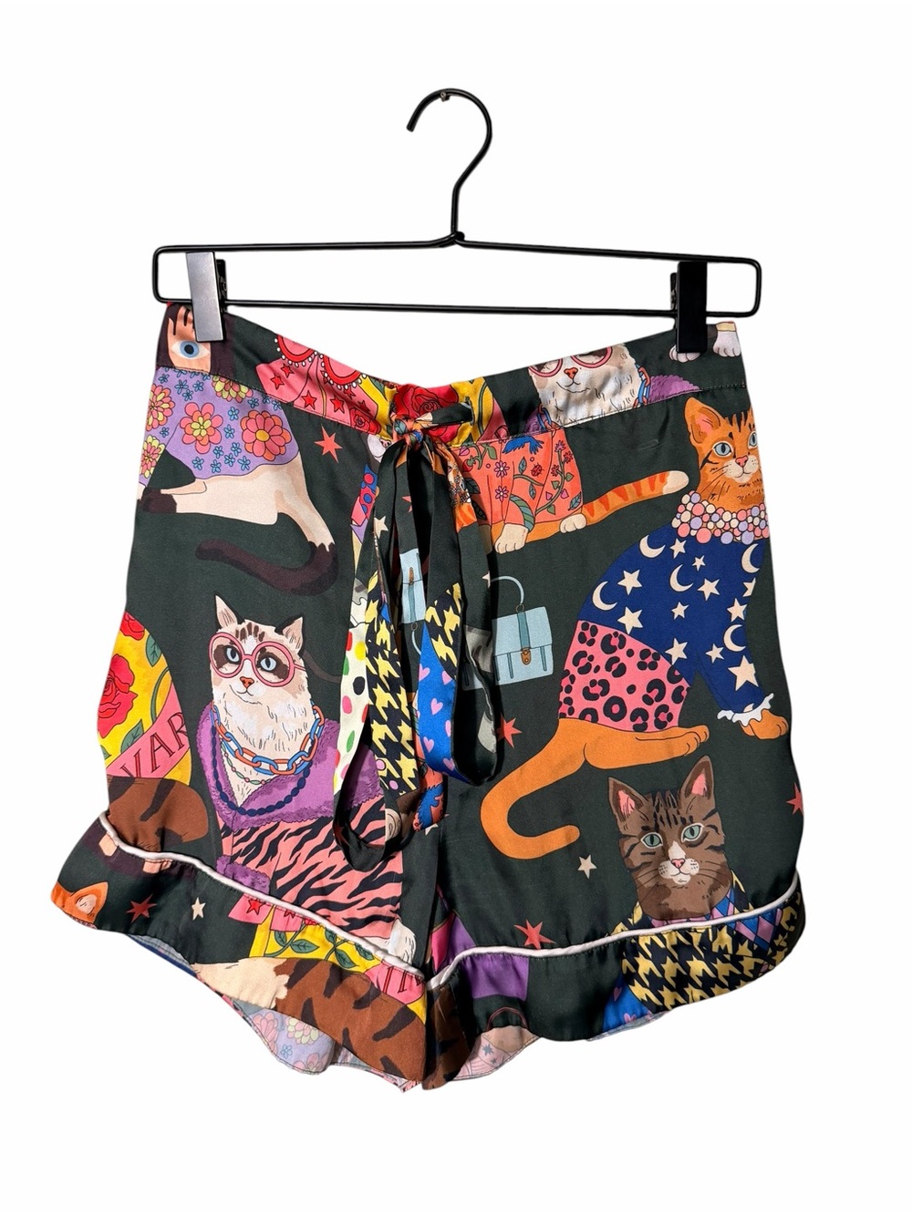 Cat Print Tie-Waist Pajama Shorts Multicolor